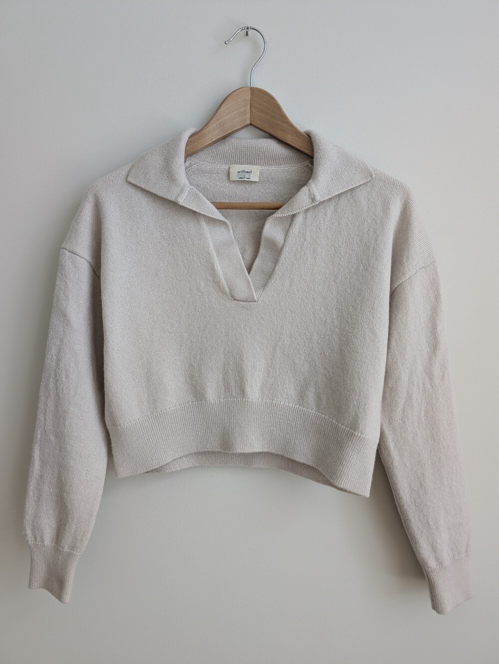 Wilfred 100% Wool Cropped Johnny Collar Neutral Oatmeal Sweater Top Small